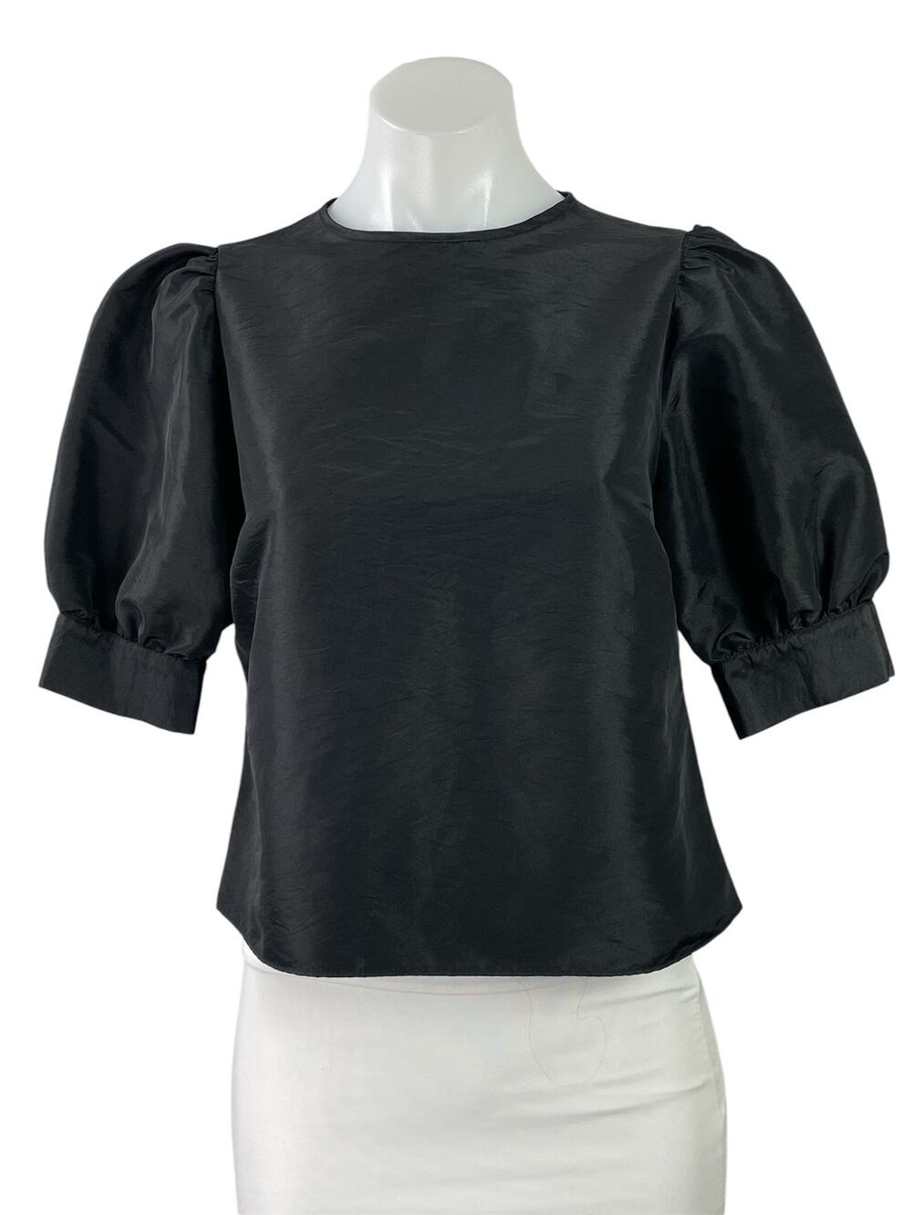 New Look Black Short Puff Sleeve Silk Satin Crew Neck Blouse Crop Top Size 4